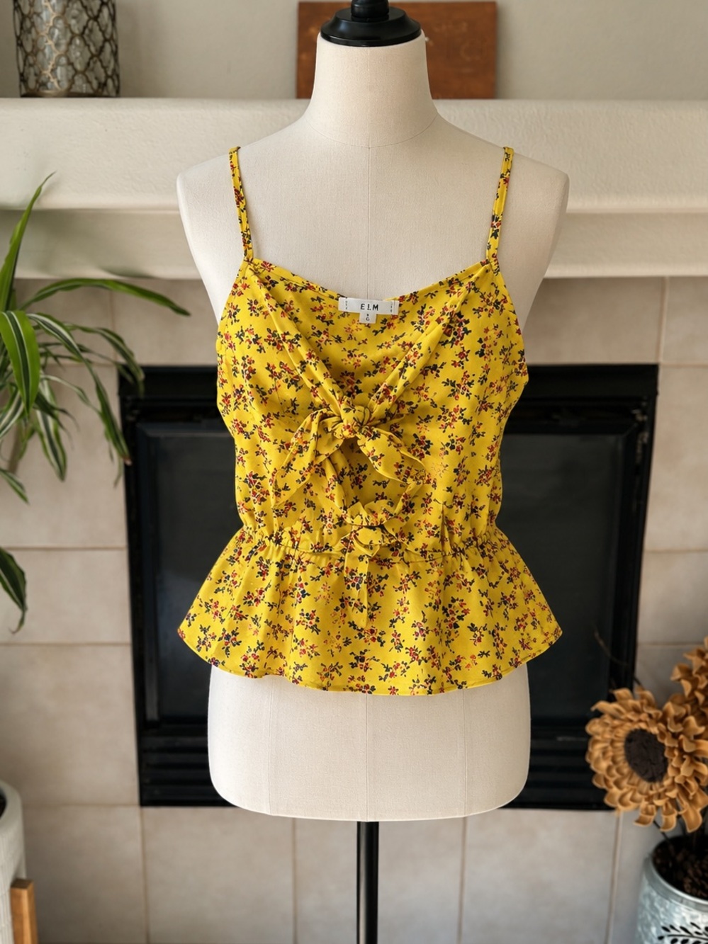 ELM Yellow Floral Tie-Front Peplum Camisole